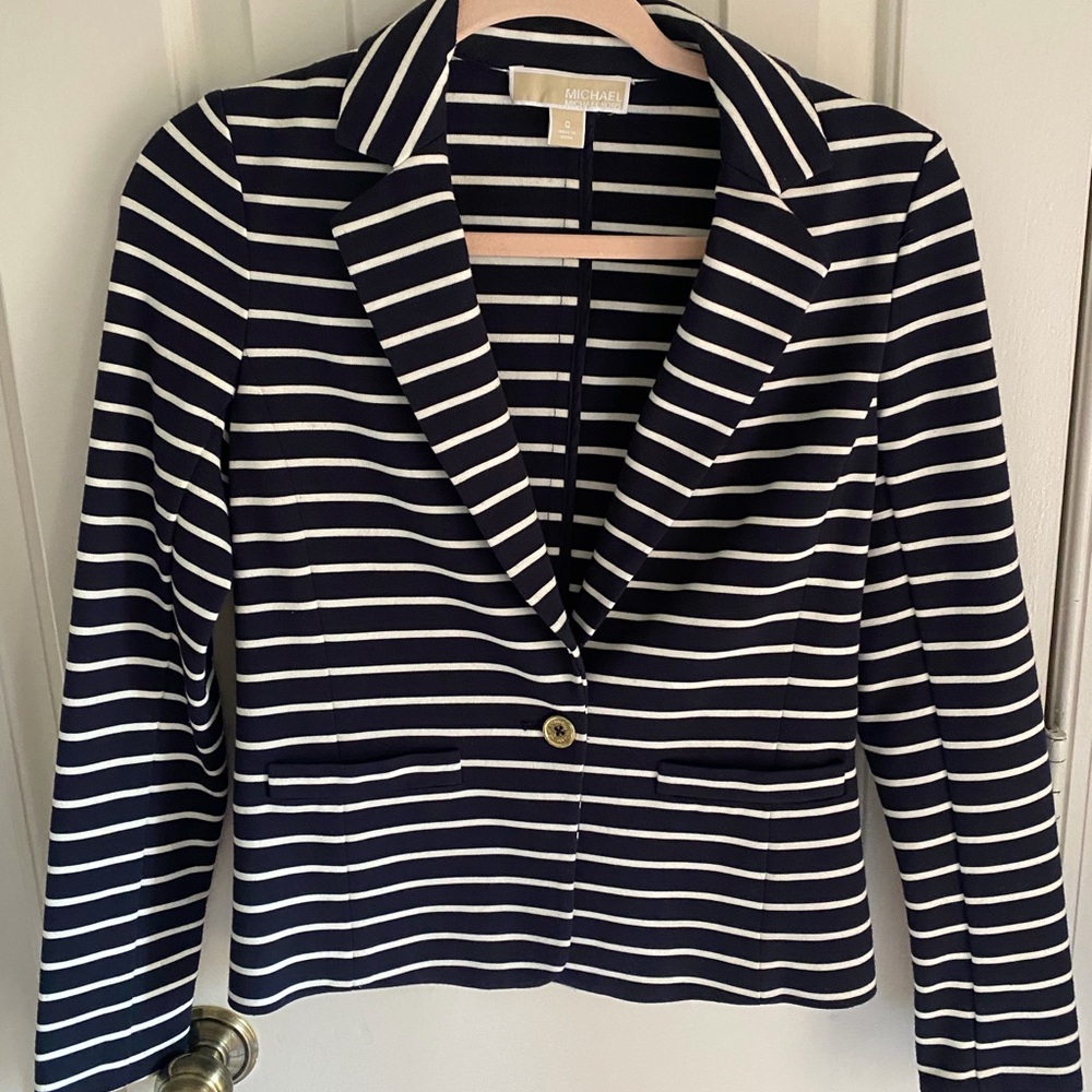 Michael Kors Navy and White Striped Single-Button Blazer